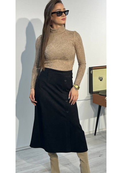 Desenli Tam Balıkçı Triko Bluz Camel