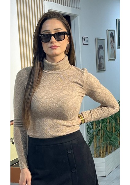 Desenli Tam Balıkçı Triko Bluz Camel fiyatları