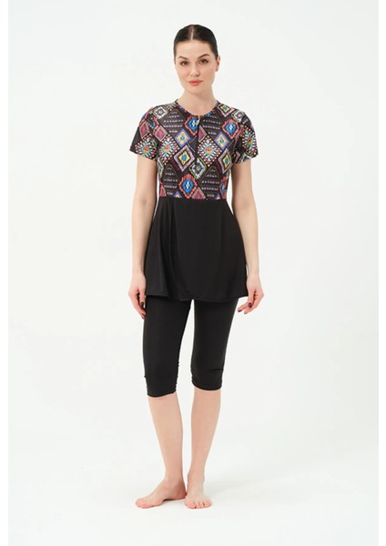 Hızlı Kuruyan Mayo Kumaşı Yarım Fermuarlı Kısa Kollu Taytlı Kadın Mayo 2313