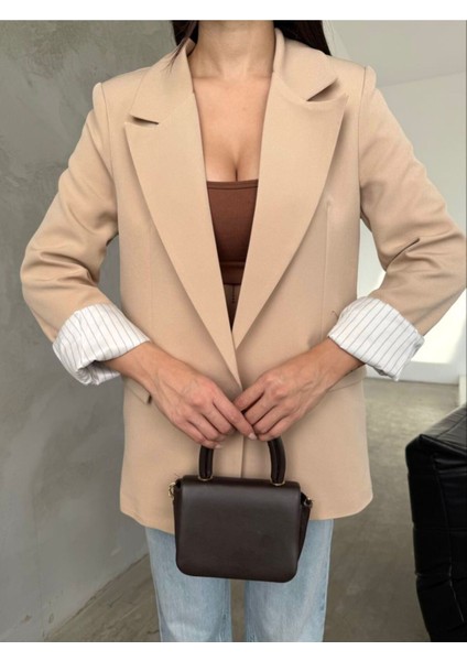 Kadın Lila Astarlı Blazer Ceket Kol Içi Çizgili Katlama Detaylı