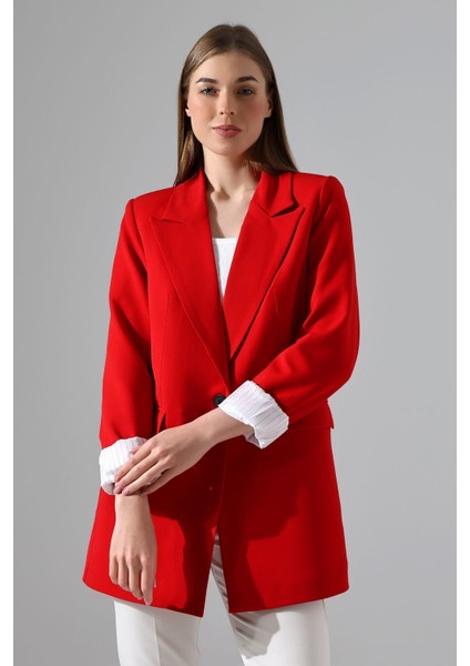 Kırmızı Blazer Ceket Tek Düğmelı Astarlı