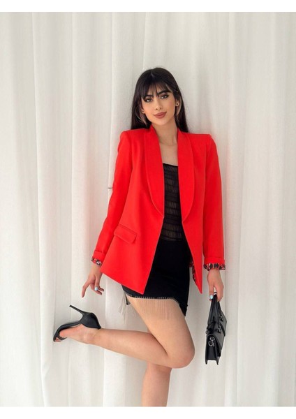 Kadın Leopar Astarlı Blazer Ceket Kol Içi Leopar Katlama Detaylı fiyatları