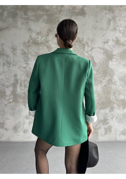 Kadın Yeşil Astarlı Blazer Ceket Kol Içi Çizgili Katlama Detaylı modelleri