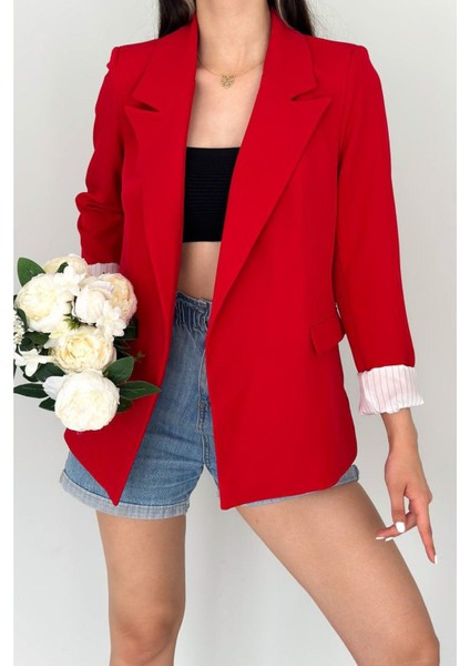 Kadın Kruvaze Yaka Düğmesiz Cepli Çizgi Desenli Astarlı Katlanabilir Kol Blazer Ceket fırsatları
