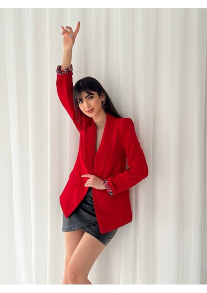 Kadın Leopar Astarlı Blazer Ceket Kol Içi Leopar Katlama Detaylı modelleri