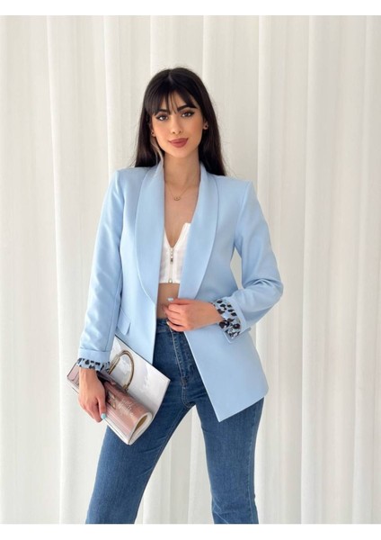 Kruvaze Yaka Düğmesiz Cepli Desen Astarlı Katlanılabilir Kol Blazer Ceket