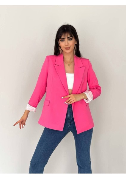 Kruvaze Yaka Düğmesiz Cepli Astarlı Katlanılabilir Kol Blazer Ceket