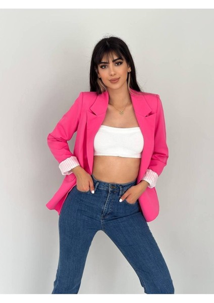 Kruvaze Yaka Düğmesiz Cepli Astarlı Katlanılabilir Kol Blazer Ceket