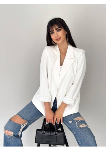 Kruvaze Yaka Düğmesiz Cepli Astarlı Katlanılabilir Kol Blazer Ceket