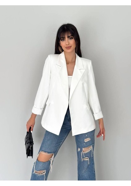 Kruvaze Yaka Düğmesiz Cepli Astarlı Katlanılabilir Kol Blazer Ceket
