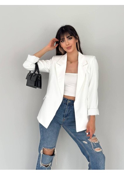 Kruvaze Yaka Düğmesiz Cepli Astarlı Katlanılabilir Kol Blazer Ceket