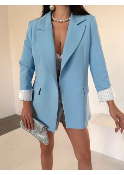 Kadın Lila Astarlı Blazer Ceket Kol Içi Çizgili Katlama Detaylı