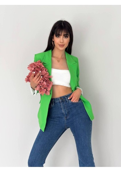 Kruvaze Yaka Düğmesiz Cepli Astarlı Katlanılabilir Kol Blazer Ceket