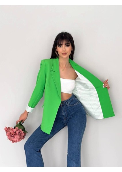Kruvaze Yaka Düğmesiz Cepli Astarlı Katlanılabilir Kol Blazer Ceket