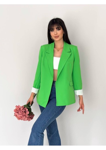 Kruvaze Yaka Düğmesiz Cepli Astarlı Katlanılabilir Kol Blazer Ceket