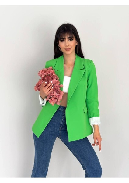 Kruvaze Yaka Düğmesiz Cepli Astarlı Katlanılabilir Kol Blazer Ceket