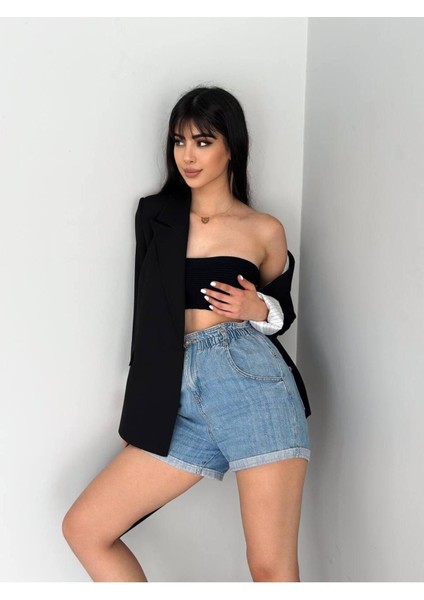 Kruvaze Yaka Düğmesiz Cepli Astarlı Katlanılabilir Kol Blazer Ceket