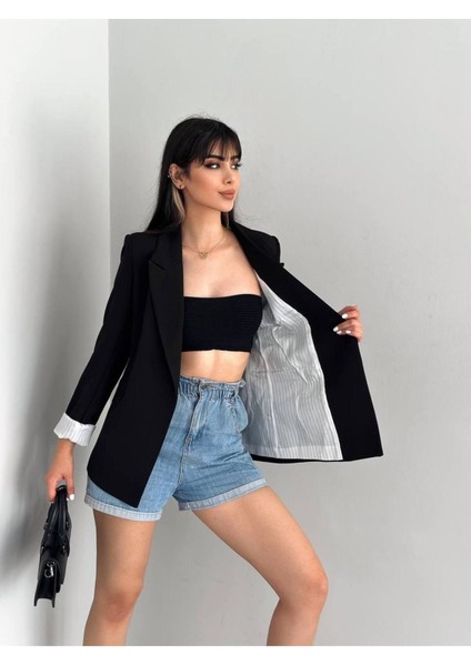 Kruvaze Yaka Düğmesiz Cepli Astarlı Katlanılabilir Kol Blazer Ceket
