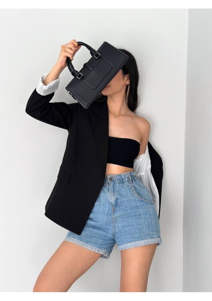 Kruvaze Yaka Düğmesiz Cepli Astarlı Katlanılabilir Kol Blazer Ceket