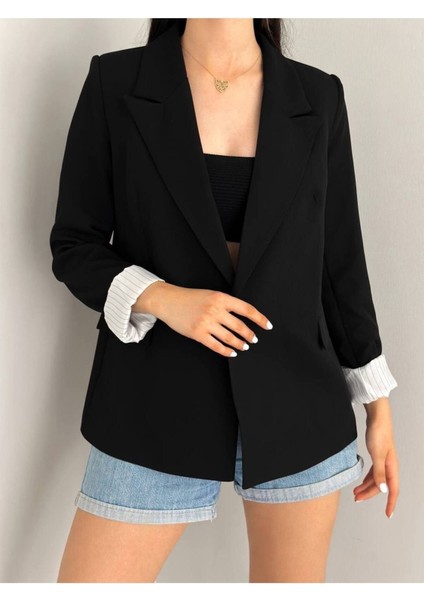 Kruvaze Yaka Düğmesiz Cepli Astarlı Katlanılabilir Kol Blazer Ceket