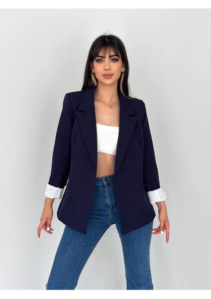 Kruvaze Yaka Düğmesiz Cepli Astarlı Katlanılabilir Kol Blazer Ceket