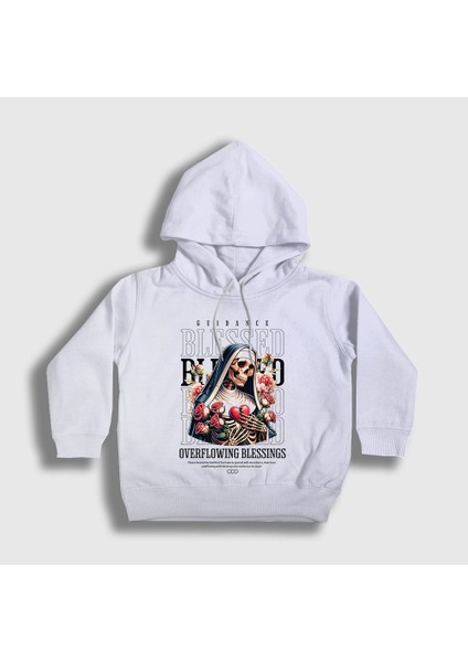 Unisex Çocuk Beyaz Blessed By God Skull Nun Kapüşonlu Sweatshirt