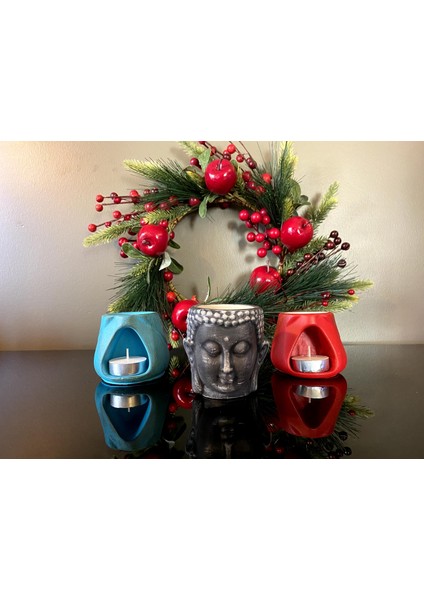 3'lü Set, 1 Buddha 2 Tad Buhurdanlık, Turkuaz, Antrasit Siyah ve Kırmızı
