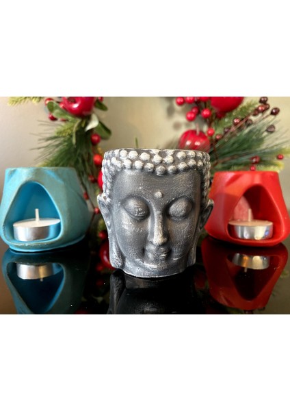 3'lü Set, 1 Buddha 2 Tad Buhurdanlık, Turkuaz, Antrasit Siyah ve Kırmızı
