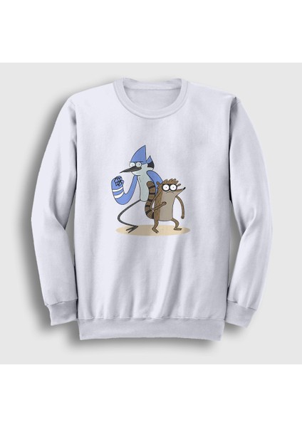 Unisex Beyaz Mordecai And Rigby Regular Show Sweatshirt