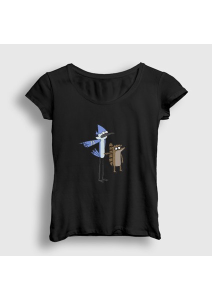 Kadın Siyah Pointing Mordecai And Rigby Regular Show T-Shirt