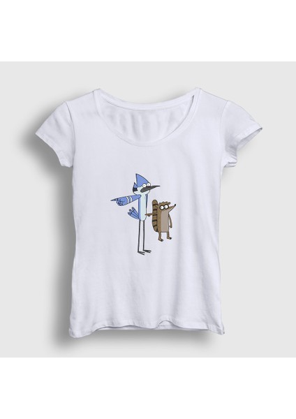 Kadın Beyaz Pointing Mordecai And Rigby Regular Show T-Shirt