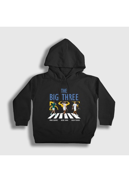Unisex Çocuk Siyah Big Three Novak Rafael Roger Tenis Kapüşonlu Sweatshirt