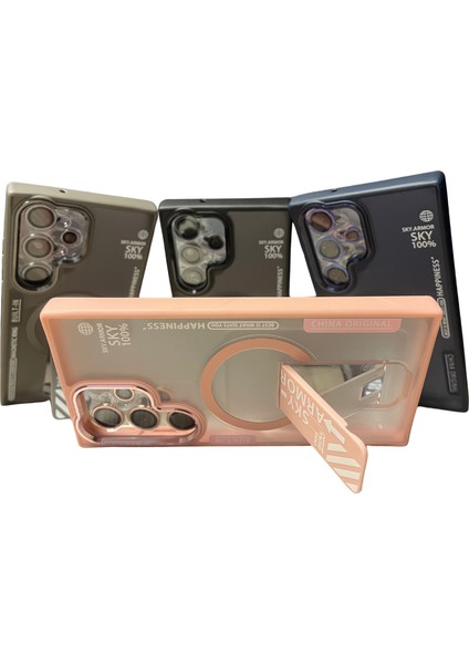 Takeandwait Sky Armor Kapak Galaxy S23 Ultra Kılıf Magsafe Şarj Özellikli Standlı + Lens Koruma-Pembe