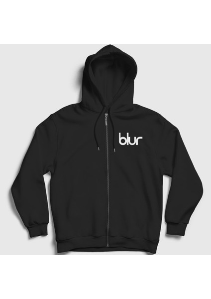 Unisex Siyah Logo Blur Fermuarlı Kapüşonlu Sweatshirt