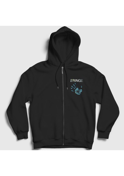 Unisex Siyah Hand Fringe Dizi Fermuarlı Kapüşonlu Sweatshirt