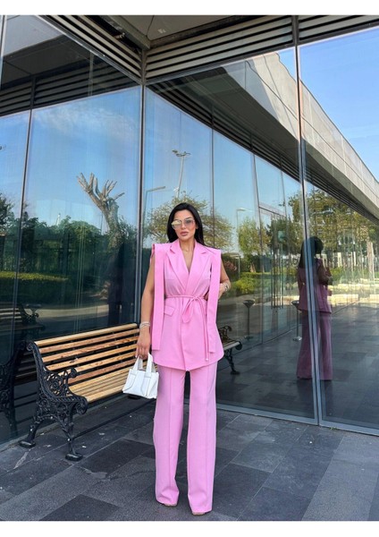 Kadın Oversize Bağlamalı Tasarım Yelek Pantolon Takım Elbise