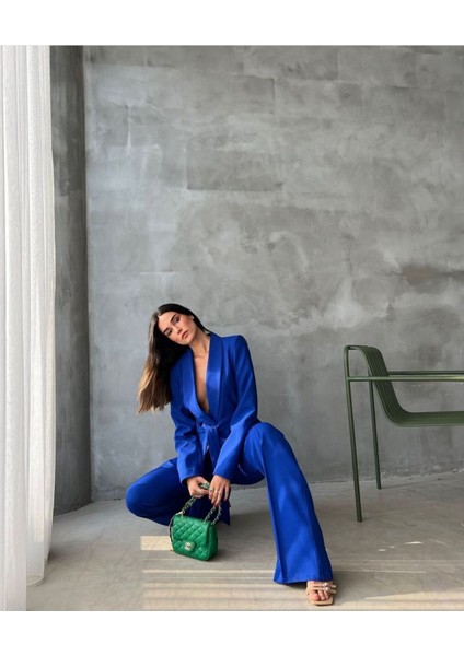 Kadın Kuşaklı Blazer Ceket Bol Paça Pantolon Takım fiyatları