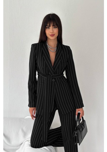 Kadın Bağlamalı Sahte Cepli Kemerli Şal Yaka Blazer Ceket Boru Paça Esnek Pantolon Takım Elbise