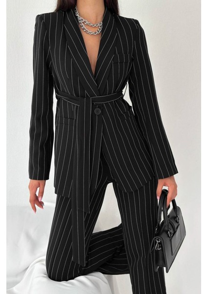 Kadın Bağlamalı Sahte Cepli Kemerli Şal Yaka Blazer Ceket Boru Paça Esnek Pantolon Takım Elbise modelleri
