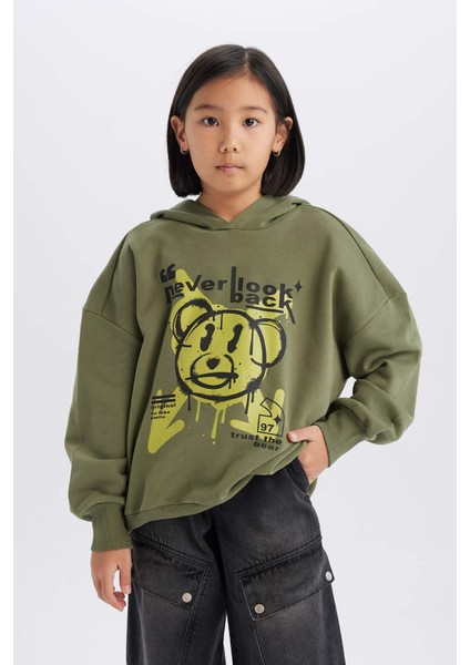 Kız Çocuk Oversize Geniş Kalıp Kapüşonlu Baskılı Sweatshirt D1567A824WN