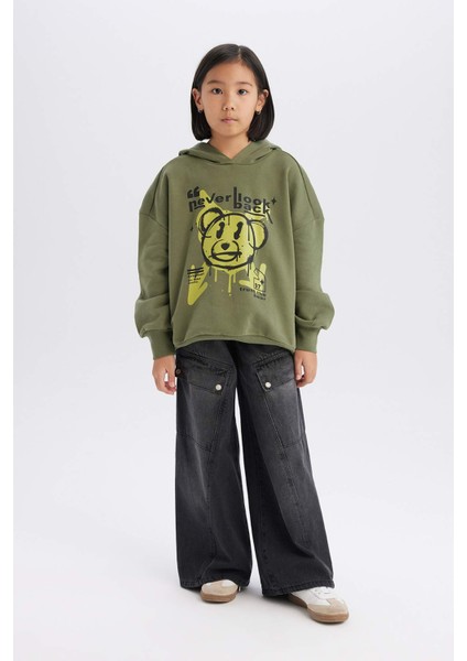 Kız Çocuk Oversize Geniş Kalıp Kapüşonlu Baskılı Sweatshirt D1567A824WN