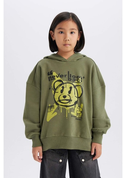 Kız Çocuk Oversize Geniş Kalıp Kapüşonlu Baskılı Sweatshirt D1567A824WN