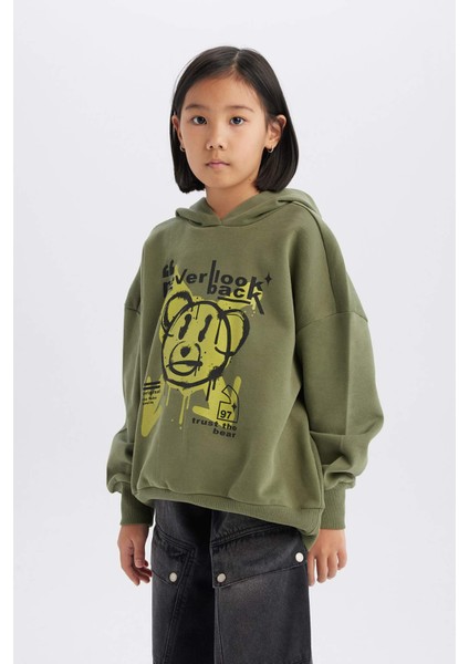 Kız Çocuk Oversize Geniş Kalıp Kapüşonlu Baskılı Sweatshirt D1567A824WN