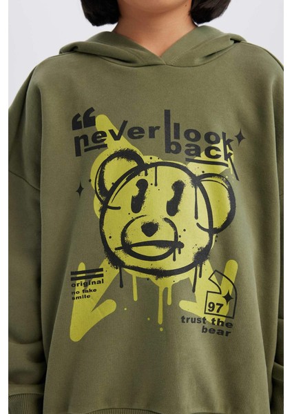 Kız Çocuk Oversize Geniş Kalıp Kapüşonlu Baskılı Sweatshirt D1567A824WN