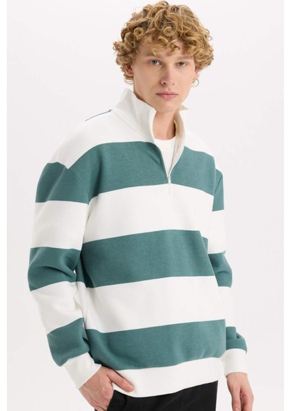 Boxy Fit Dik Yaka Yarım Fermuarlı Çizgili Sweatshirt C7045AX24AU