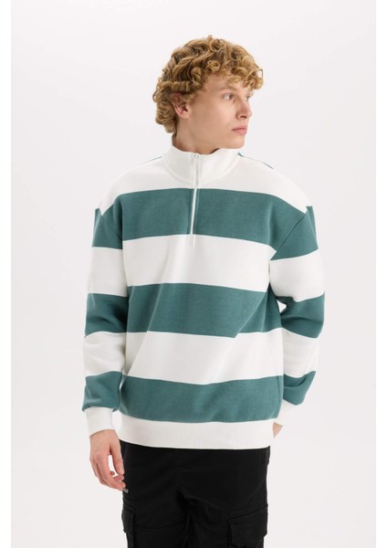 Boxy Fit Dik Yaka Yarım Fermuarlı Çizgili Sweatshirt C7045AX24AU modelleri