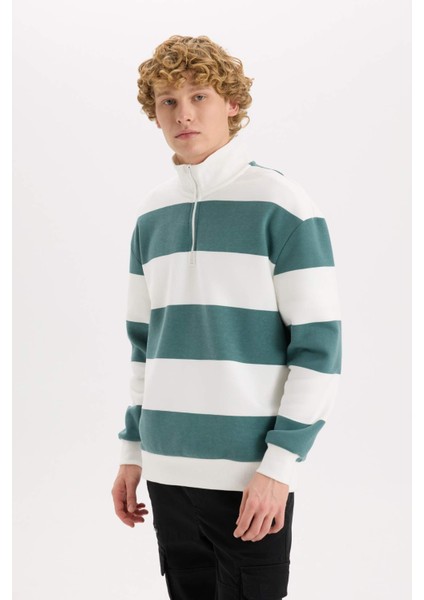Boxy Fit Dik Yaka Yarım Fermuarlı Çizgili Sweatshirt C7045AX24AU fırsatları