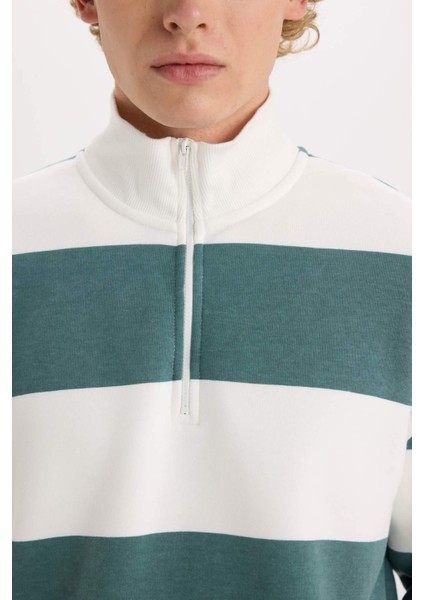 Boxy Fit Dik Yaka Yarım Fermuarlı Çizgili Sweatshirt C7045AX24AU indirimleri