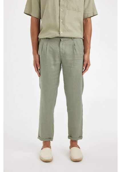 %100 Keten Normal Kesim Crop Duble Paça Yazlık Kumaş Pantolon C1826AX24SM