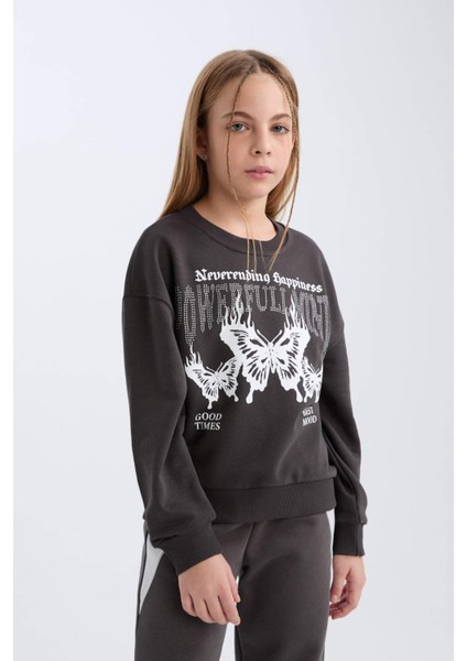 Kız Çocuk Oversize Geniş Kalıp Bisiklet Yaka Baskılı Sweatshirt D4386A824WN fırsatları